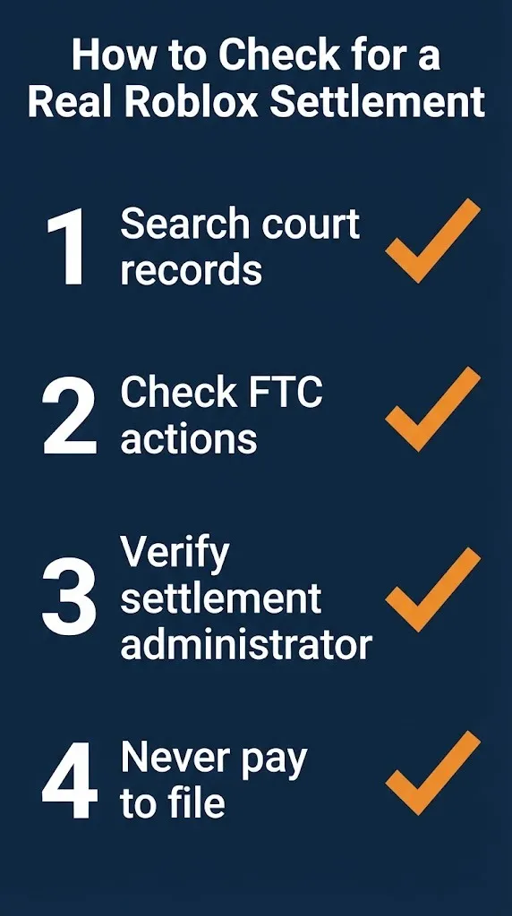 Roblox settlement verification steps showing court record search, FTC checks, administrator verification, and free filing.