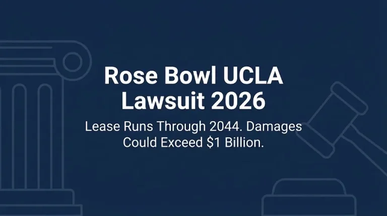 Rose Bowl UCLA lawsuit 2026 banner showing lease runs through 2044 and damages could exceed $1 billion.