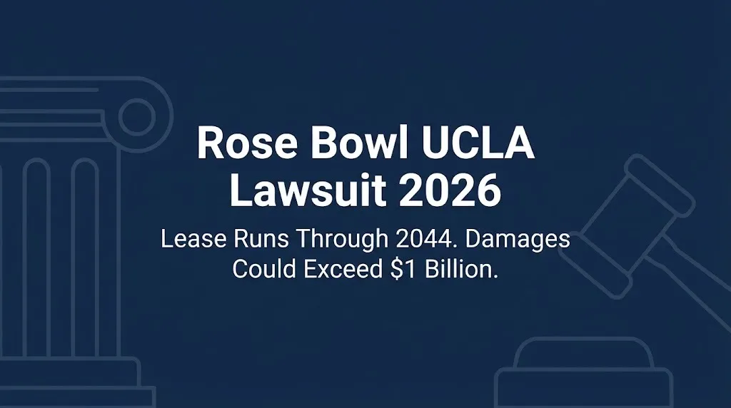 Rose Bowl UCLA lawsuit 2026 banner showing lease runs through 2044 and damages could exceed $1 billion.