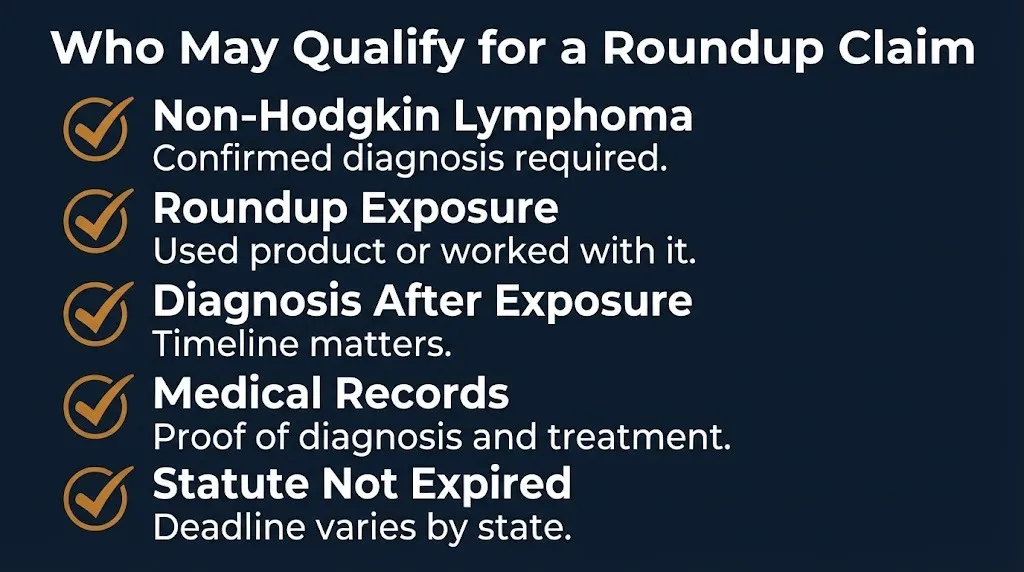 Roundup claim eligibility checklist showing non-Hodgkin lymphoma diagnosis, exposure, and statute requirements.