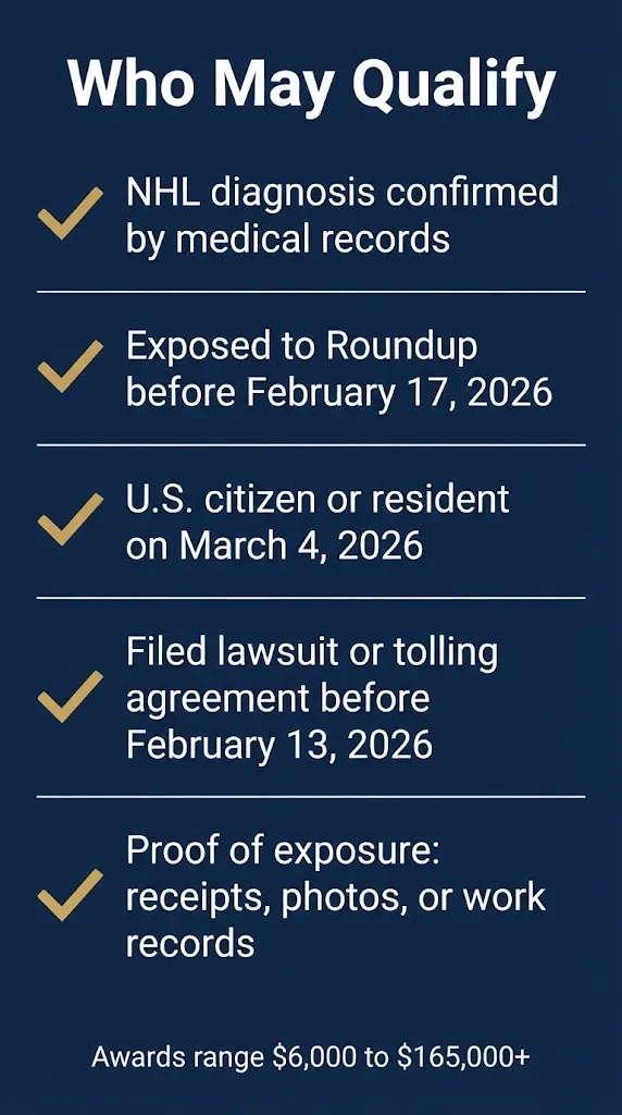 Roundup lawsuit 2026 settlement eligibility checklist showing who may qualify for compensation.