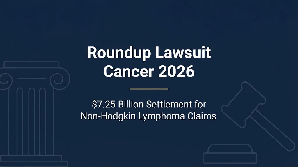 Roundup lawsuit cancer 2026 banner showing $7.25 billion settlement for non-Hodgkin lymphoma claims.