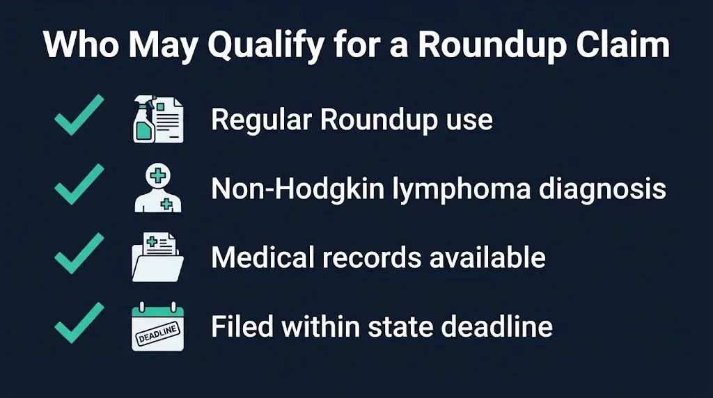Roundup lawsuit eligibility checklist showing diagnosis, use, records, and deadline.