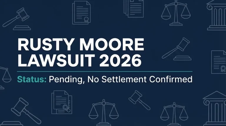 Rusty Moore lawsuit 2026 hero banner showing pending case status with gavel and scales symbols.