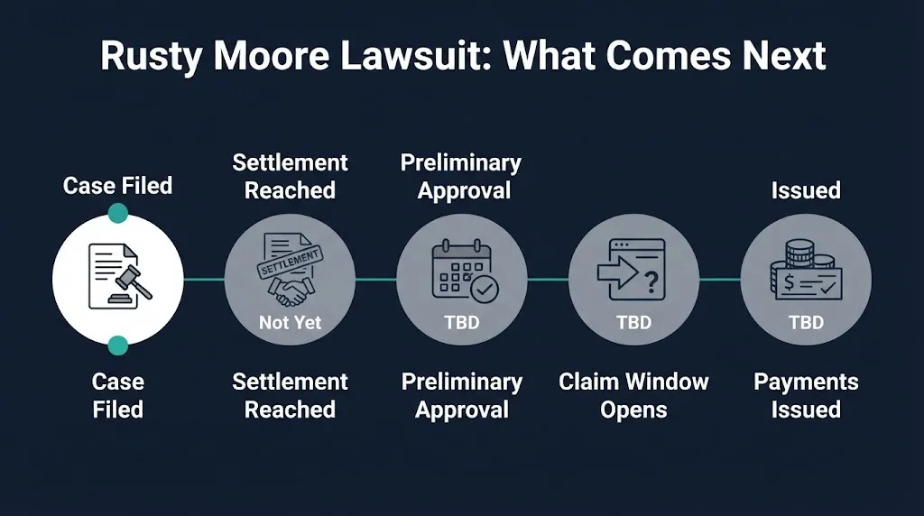 Rusty Moore lawsuit timeline graphic showing case filed and pending stages for settlement and claims.