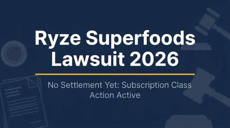 Ryze Superfoods lawsuit 2026 hero banner with gavel and coffee cup icons