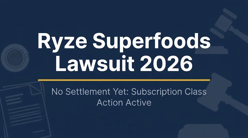 Ryze Superfoods lawsuit 2026 hero banner with gavel and coffee cup icons