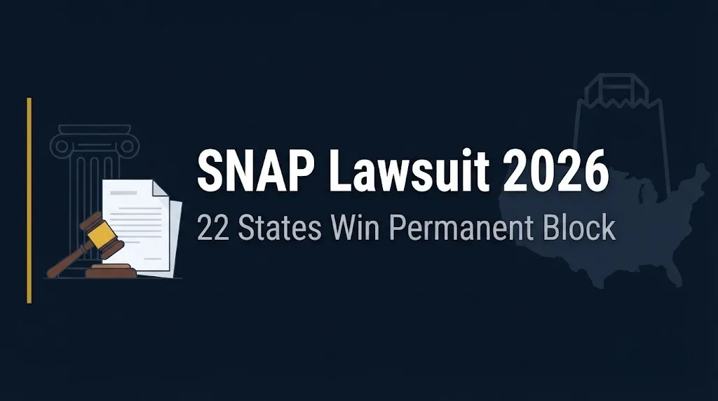 SNAP lawsuit 2026 banner showing 22 states winning permanent block on federal penalties.