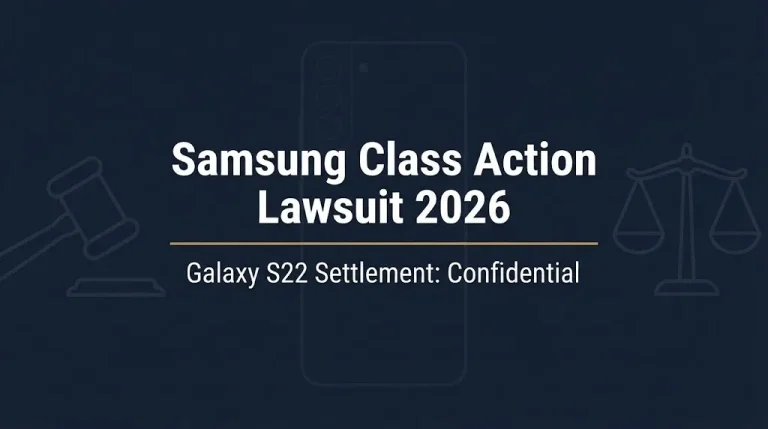 Samsung class action lawsuit 2026 banner showing Galaxy S22 settlement was confidential.