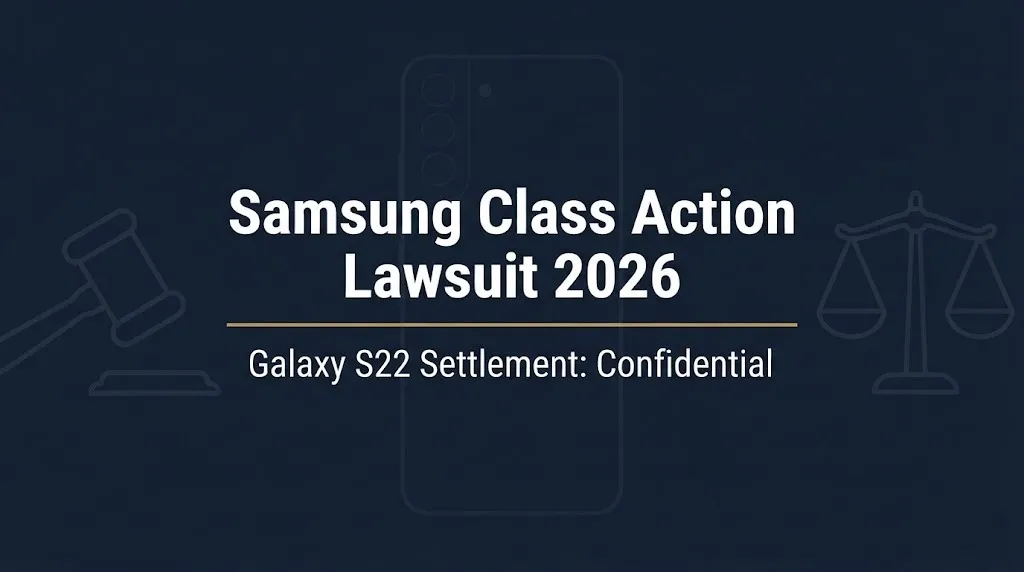 Samsung class action lawsuit 2026 banner showing Galaxy S22 settlement was confidential.