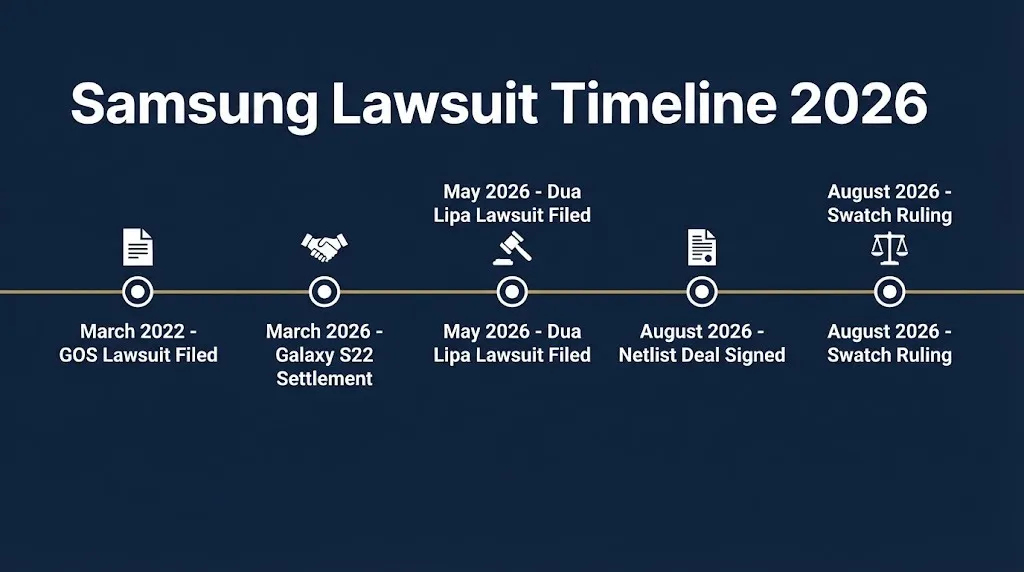Samsung lawsuit timeline 2026 from GOS filing to Galaxy S22 settlement, Netlist deal, and Swatch ruling.