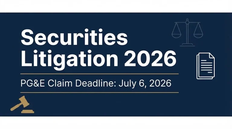 Securities litigation 2026 hero graphic with PG&E claim deadline of July 6, 2026.
