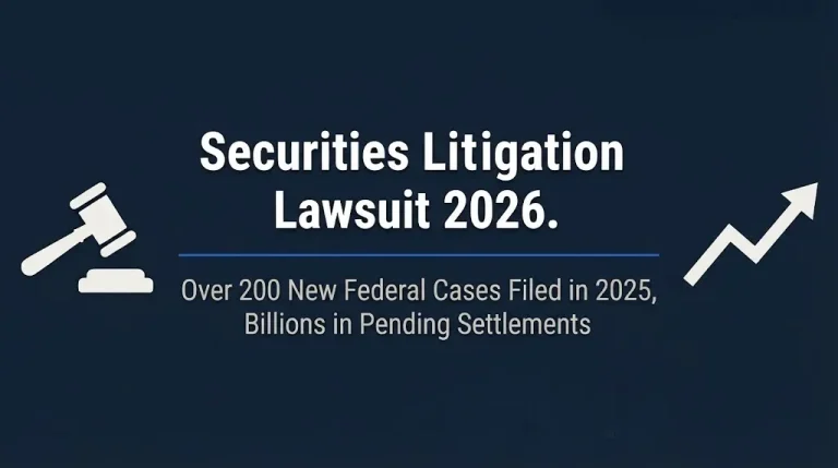 Securities litigation lawsuit 2026 banner showing over 200 new federal cases and billions in settlements.