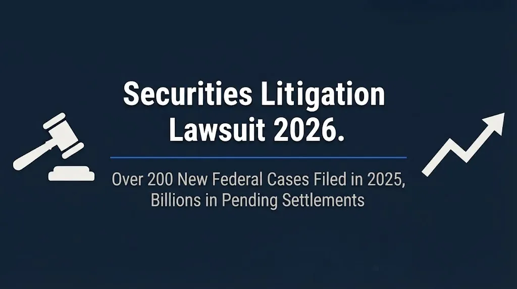 Securities litigation lawsuit 2026 banner showing over 200 new federal cases and billions in settlements.