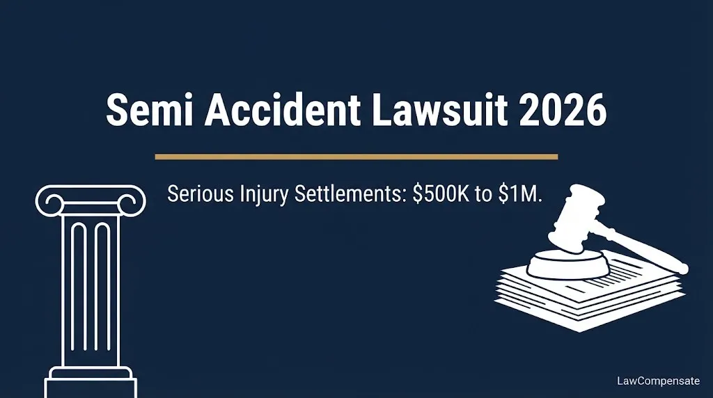 Semi accident lawsuit 2026 banner showing serious injury settlements of $500K to $1M with legal icons.