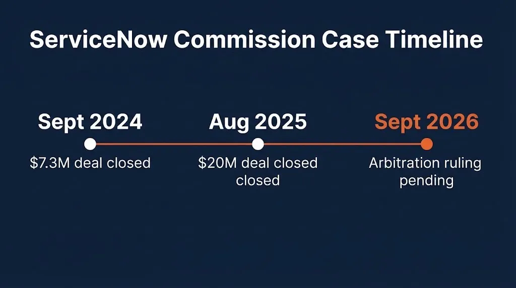 ServiceNow commission lawsuit timeline showing September 2024, August 2025 deals and pending 2026 arbitration ruling.