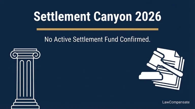Settlement Canyon 2026 banner showing no active settlement fund confirmed, with courthouse and gavel icons.