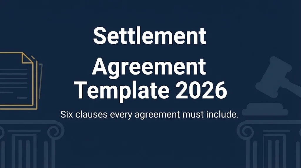 Settlement agreement template 2026 hero banner with six essential clauses subheading.