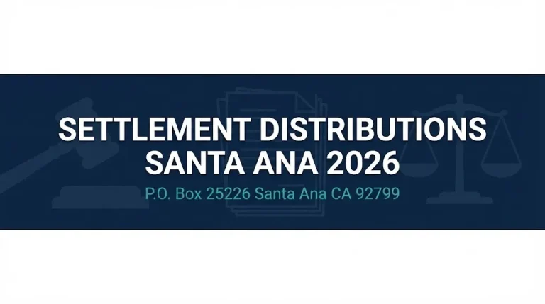 Settlement distributions Santa Ana 2026 hero graphic with P.O. Box 25226 address and legal symbols