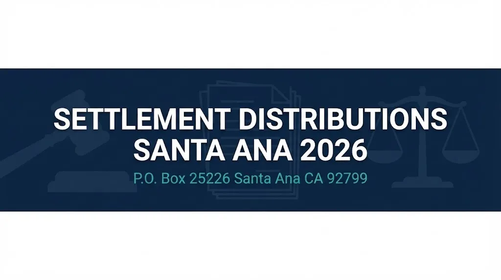 Settlement distributions Santa Ana 2026 hero graphic with P.O. Box 25226 address and legal symbols