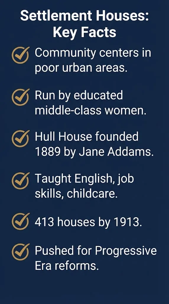 Settlement houses APUSH facts checklist covering Hull House, services, and key numbers.