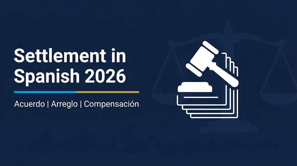 Settlement in Spanish 2026 banner showing legal translation terms acuerdo, arreglo, and compensación.