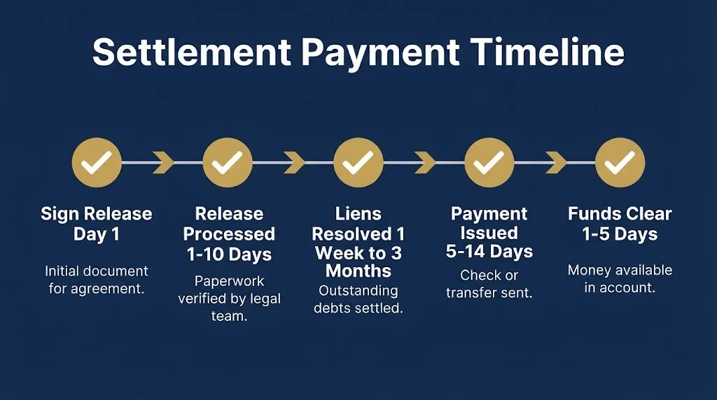 Settlement payment timeline showing five stages from release signing through funds clearing.