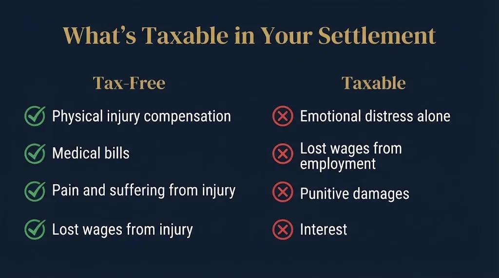 Settlement taxability checklist showing tax-free physical injury items versus taxable wage and punitive damages.