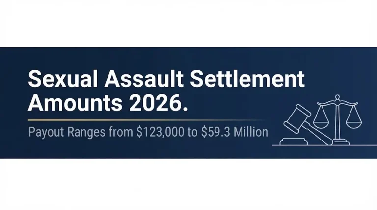 Sexual assault settlement amounts 2026 banner showing payout ranges and compensation data.