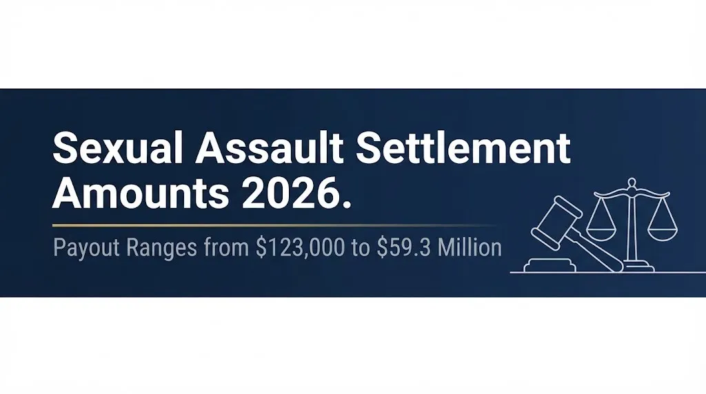 Sexual assault settlement amounts 2026 banner showing payout ranges and compensation data.