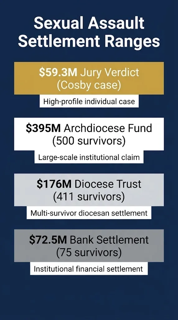 Sexual assault settlement amounts chart showing 2026 case payouts and fund sizes.