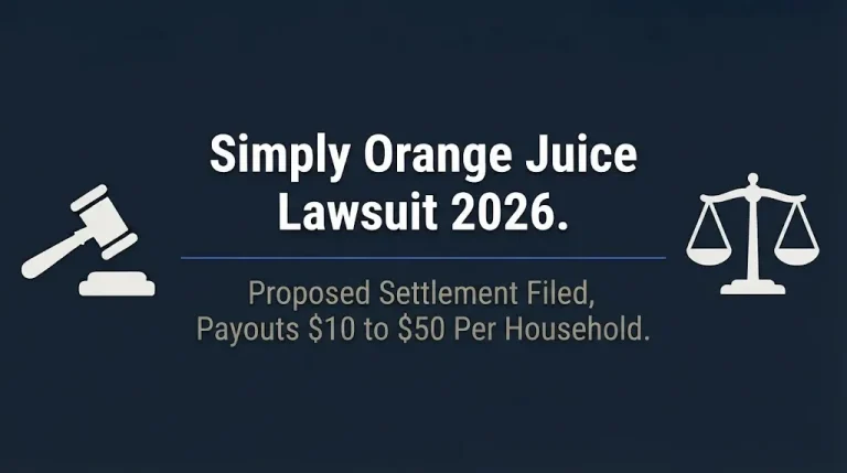 Simply Orange Juice lawsuit 2026 banner showing proposed settlement with payouts of $10 to $50 per household.
