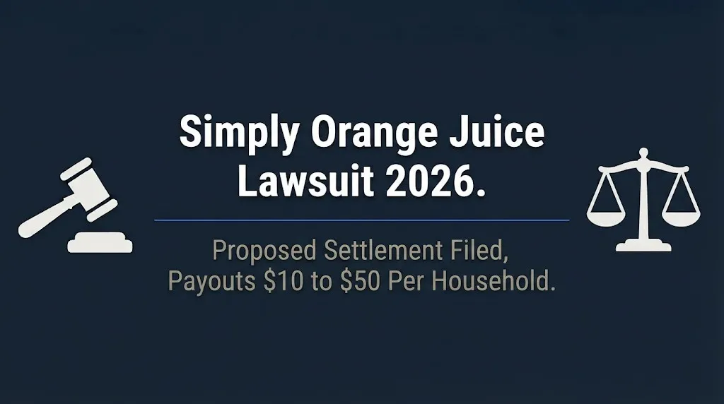Simply Orange Juice lawsuit 2026 banner showing proposed settlement with payouts of $10 to $50 per household.