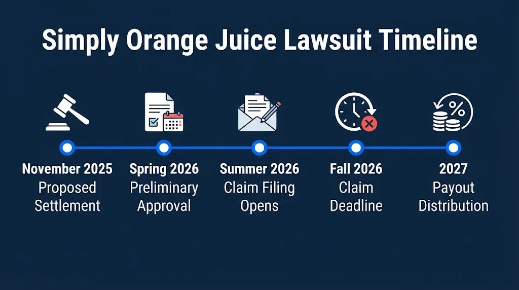 Simply Orange Juice lawsuit 2026 timeline showing proposed settlement through expected payout distribution.