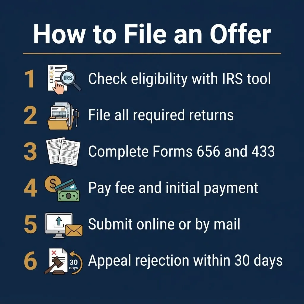 Six-step IRS debt settlement checklist showing how to file an Offer in Compromise, from eligibility to appeal