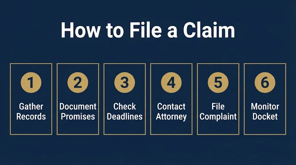 Six step graphic showing how to file a QC Kinetix lawsuit claim in 2026.