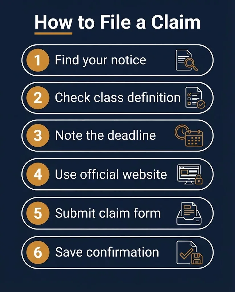 Six-step graphic showing how to file a claim from a lawsuit in Spanish settlement notice, from finding it to saving proof.