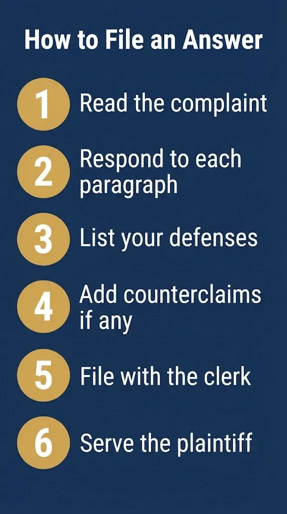 Six-step graphic showing how to file an answer to a debt collection lawsuit.