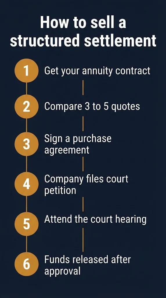 Six step infographic showing how to sell a structured settlement for cash now under 2026 court rules