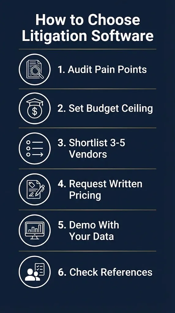 Six steps for choosing litigation attorney software from auditing pain points to checking references.