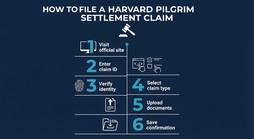 Six steps to file a Harvard Pilgrim data incident settlement claim shown in a numbered flat infographic.