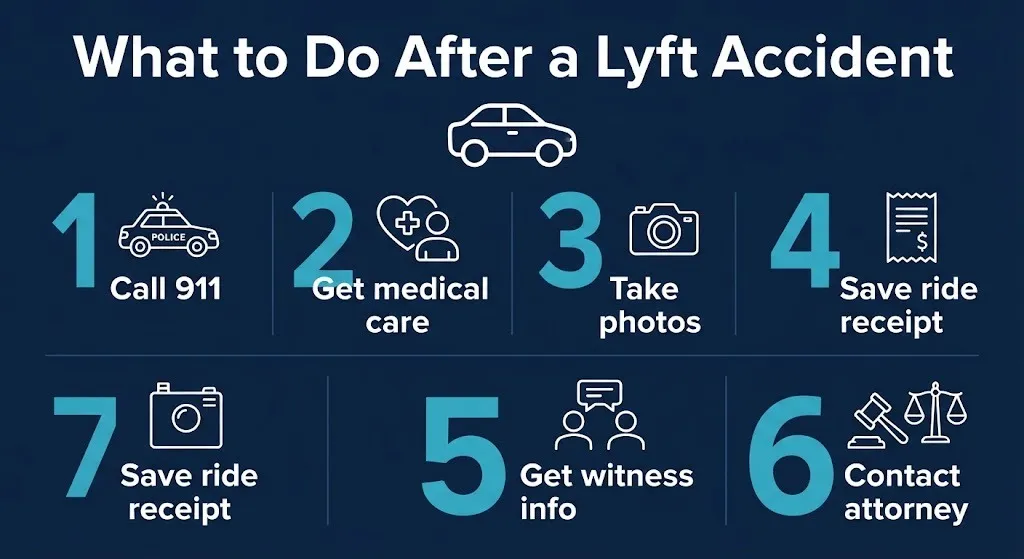 Six steps to take after a Lyft accident shown in a numbered flat infographic.