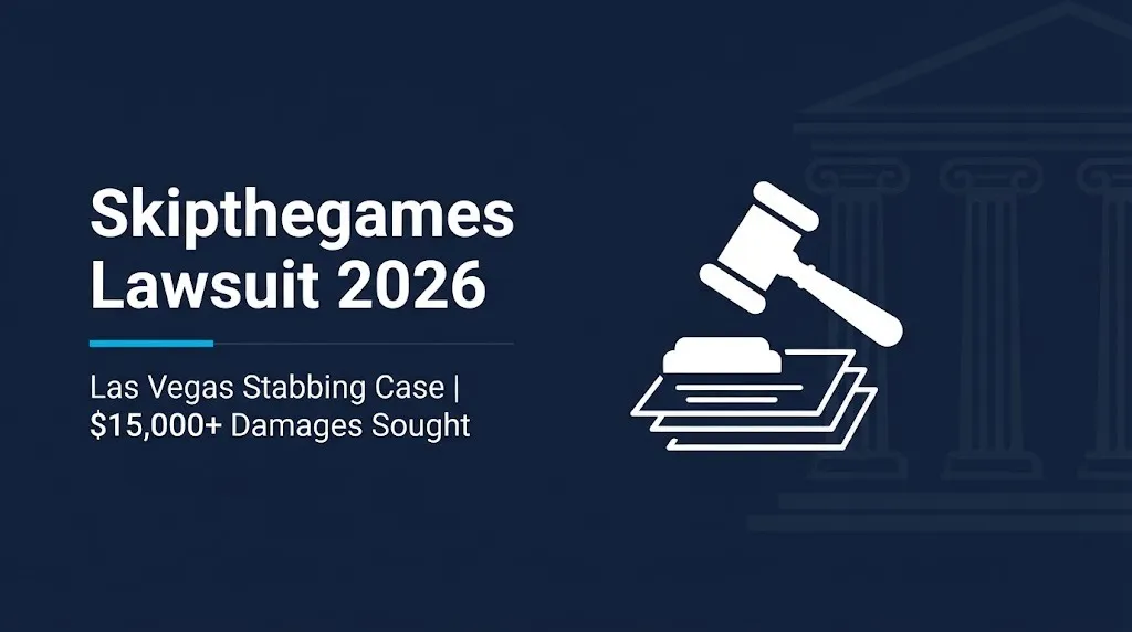 Skipthegames lawsuit 2026 banner showing Las Vegas stabbing case and damages sought.