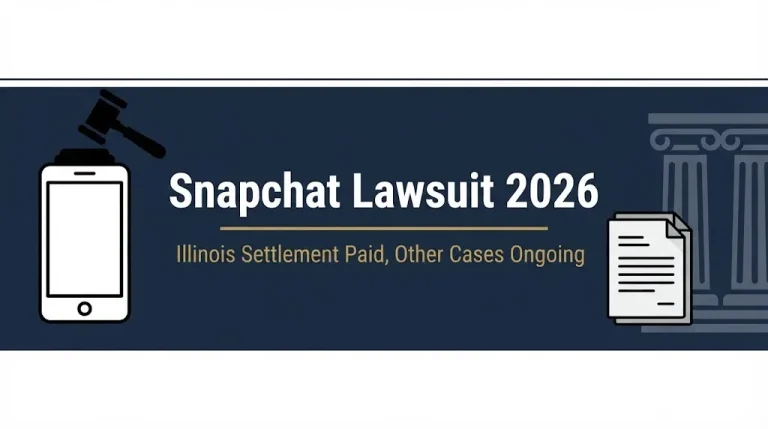 Snapchat Lawsuit 2026 banner showing smartphone, gavel, and status line about Illinois settlement and ongoing cases.