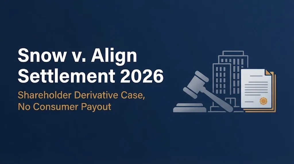 Snow v Align settlement 2026 banner showing shareholder derivative case status with gavel and building graphics.