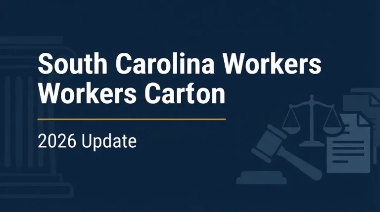 South Carolina Workers Compensation 2026 Update banner with gavel and scales illustration on deep navy background