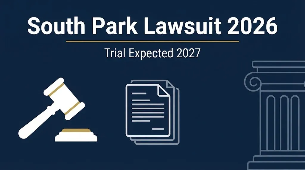 South Park lawsuit 2026 infographic banner with gavel and courthouse icons showing trial expected 2027