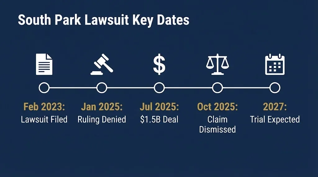 South Park lawsuit timeline graphic showing key dates from 2023 filing to 2027 expected trial