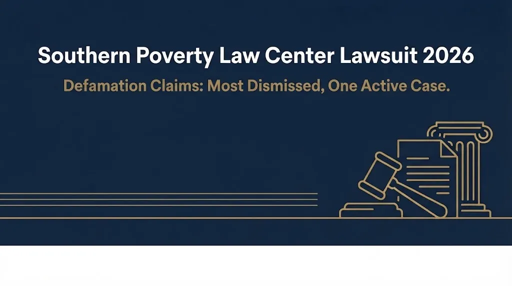 Southern Poverty Law Center lawsuit 2026 banner showing defamation claims with most dismissed and one active case.