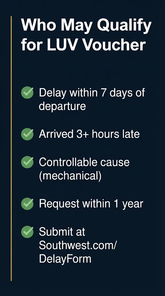 Southwest LUV Voucher eligibility checklist showing five criteria for delayed flight compensation.
